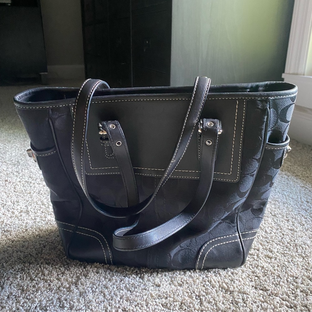Coach Black Signature Bag with Leather Trim - Picture 5 of 6